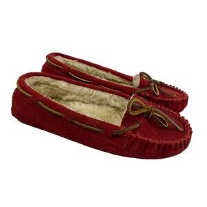 Minnetonka Cally Slipper Moccasin 4016 Faux Fur Lined Red Suede Laces Womens 6
